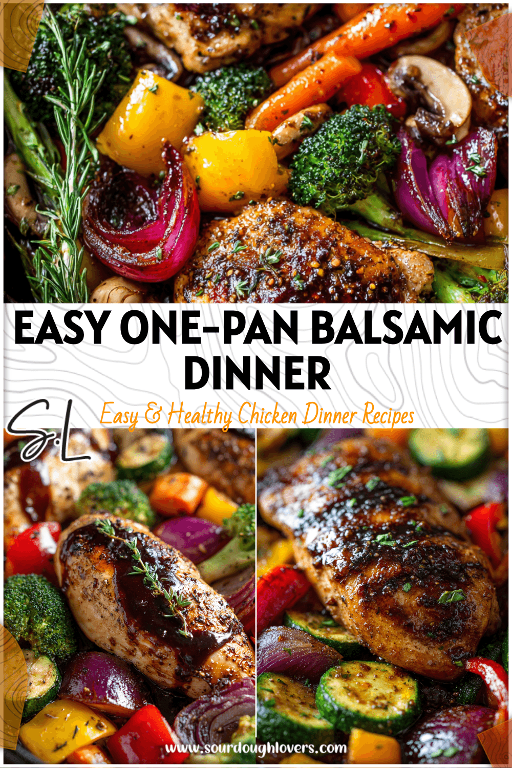 One skillet with balsamic glazed chicken breast and colorful roasted vegetables for a healthy clean dinner recipe.