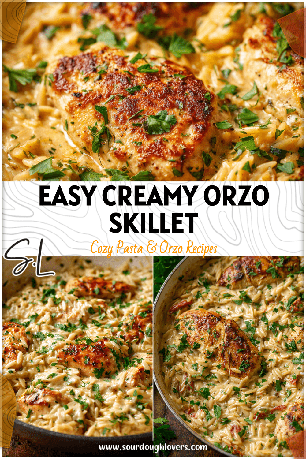 Close-up of Creamy Parmesan Chicken Orzo served in a white skillet topped with fresh parsley 26