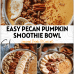 Pecan pumpkin pie smoothie bowl with sliced bananas, granola, and pumpkin spice on a rustic fall table 26