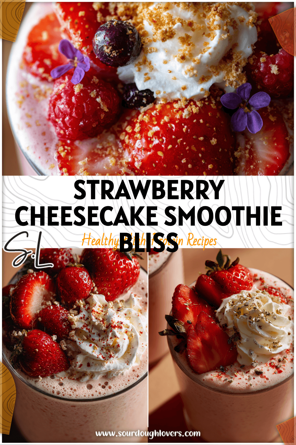 Glass of Protein Strawberry Cheesecake Smoothie topped with fresh berries and whipped cream for a Healthy Protein Milkshake look