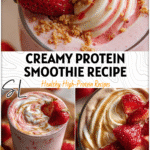 Glass of Protein Strawberry Cheesecake Smoothie topped with strawberries and creamy swirl for a healthy protein milkshake. 26