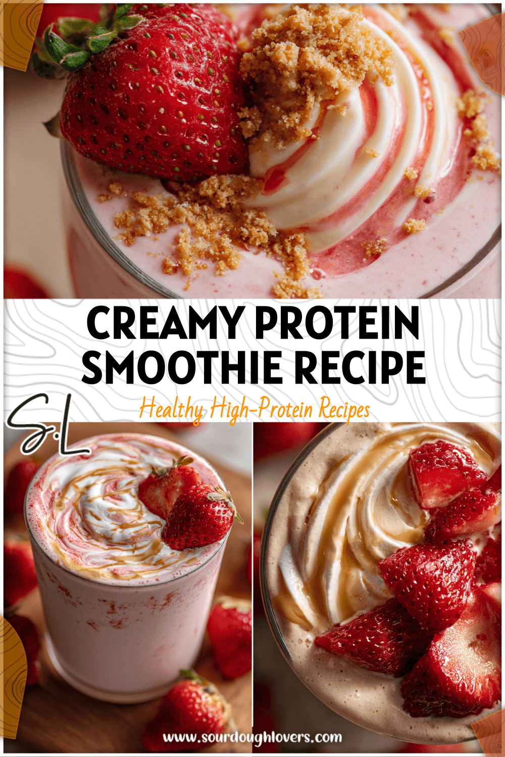 Glass of Protein Strawberry Cheesecake Smoothie topped with strawberries and creamy swirl for a healthy protein milkshake. 26