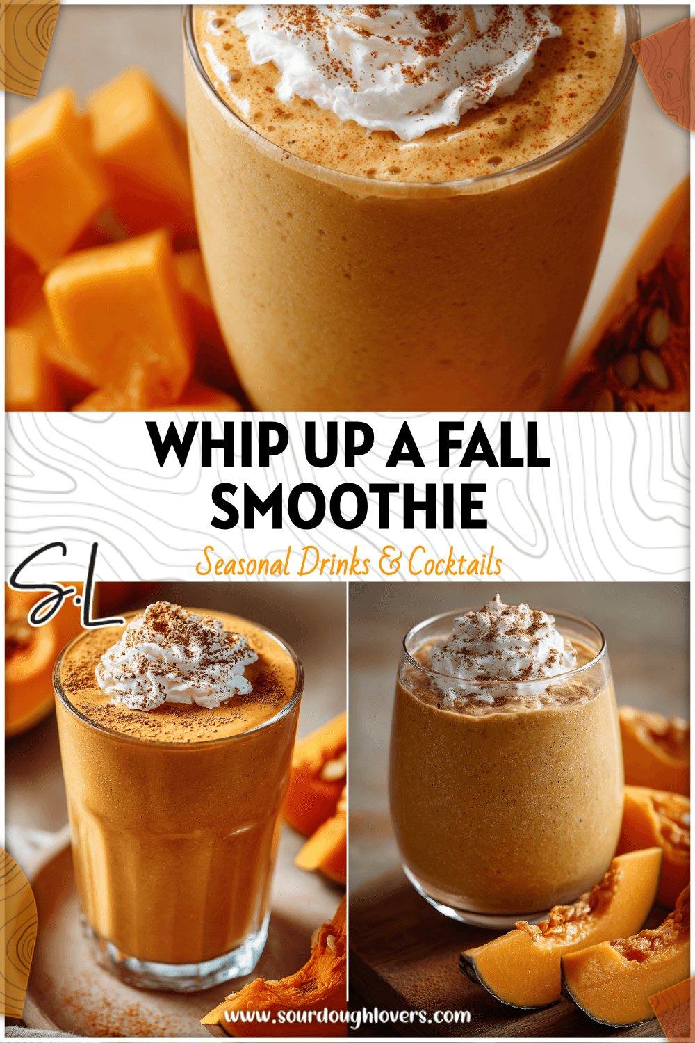 A glass of Pumpkin Pie Smoothie topped with cinnamon and whipped cream beside fresh pumpkin slices.