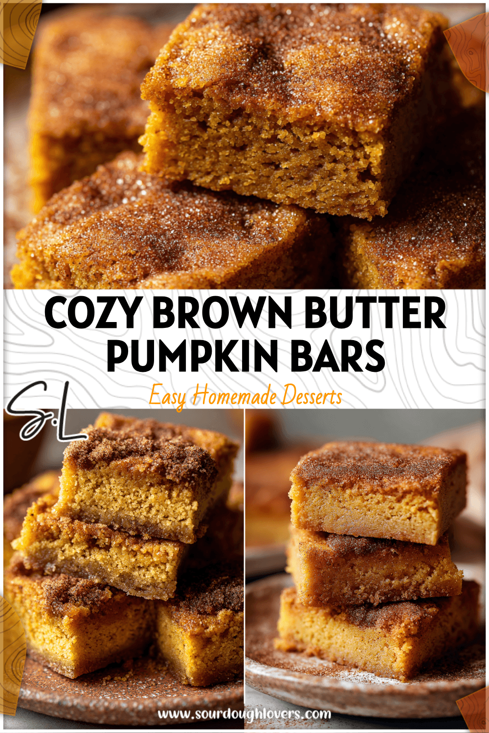 Golden brown pumpkin snickerdoodle bars with brown butter and cinnamon sugar topping on a rustic plate. 26