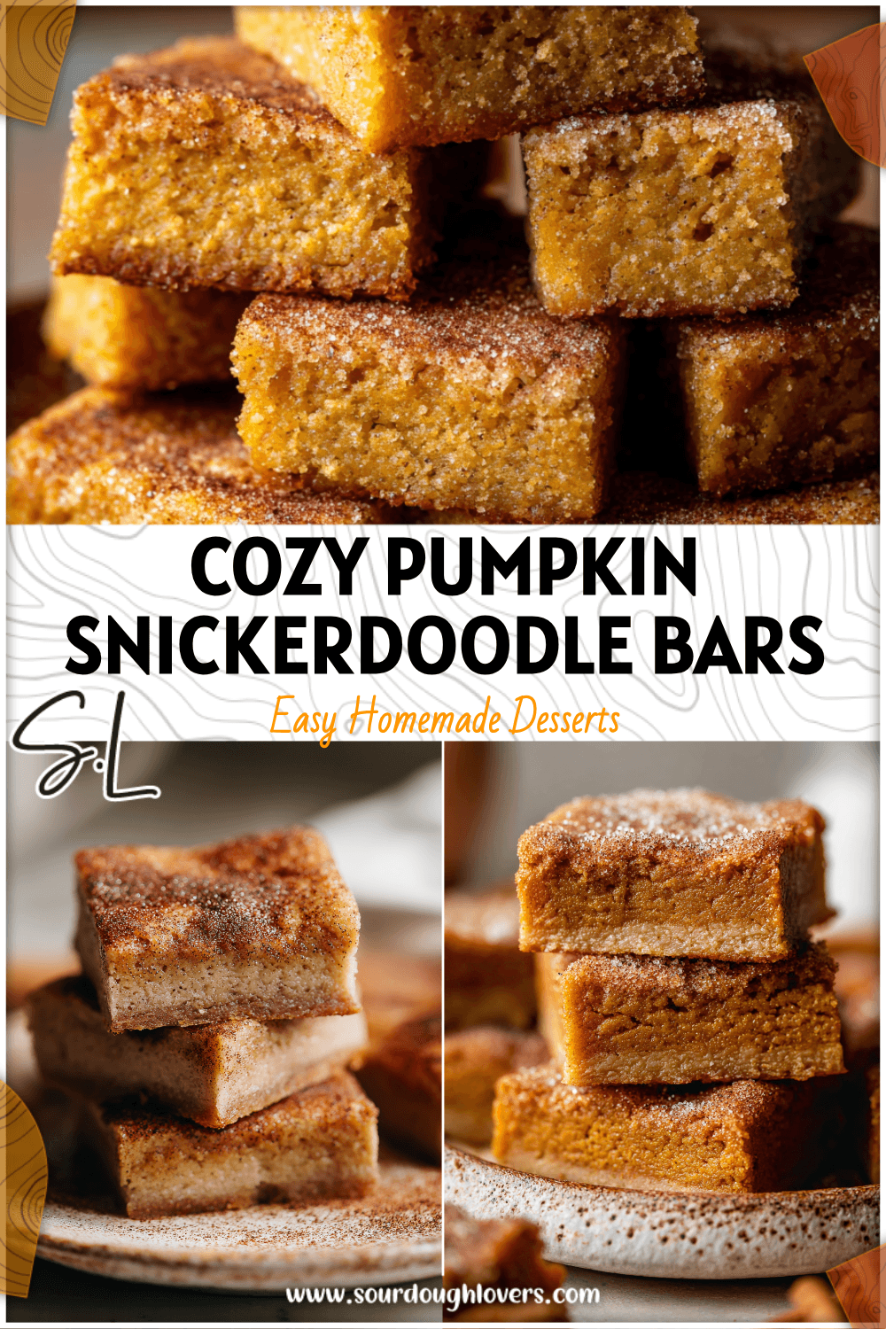 Soft Pumpkin Snickerdoodle Bars topped with cinnamon sugar and rich brown butter flavor on a rustic plate. 2026
