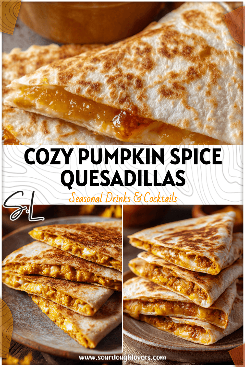 Golden brown pumpkin spice breakfast quesadillas filled with canned pumpkin and cheese on a rustic plate