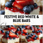 Patriotic cheesecake bars layered with red strawberries, white cheesecake, and blue blueberries for the 4th of July.