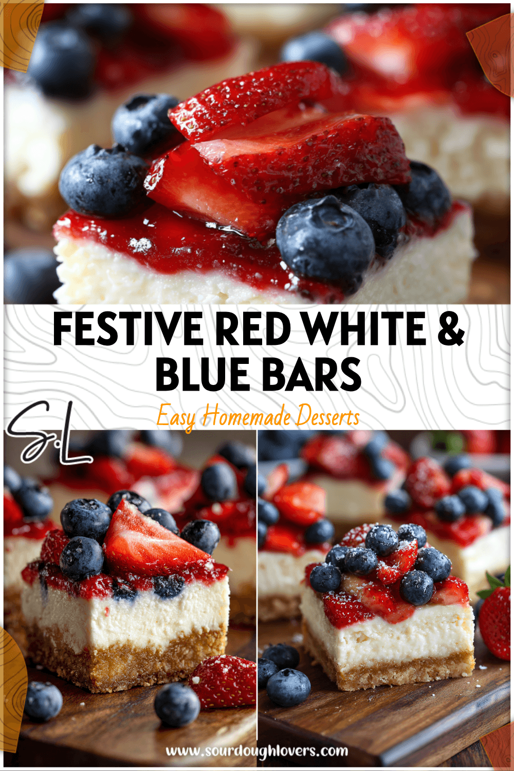 Patriotic cheesecake bars layered with red strawberries, white cheesecake, and blue blueberries for the 4th of July.