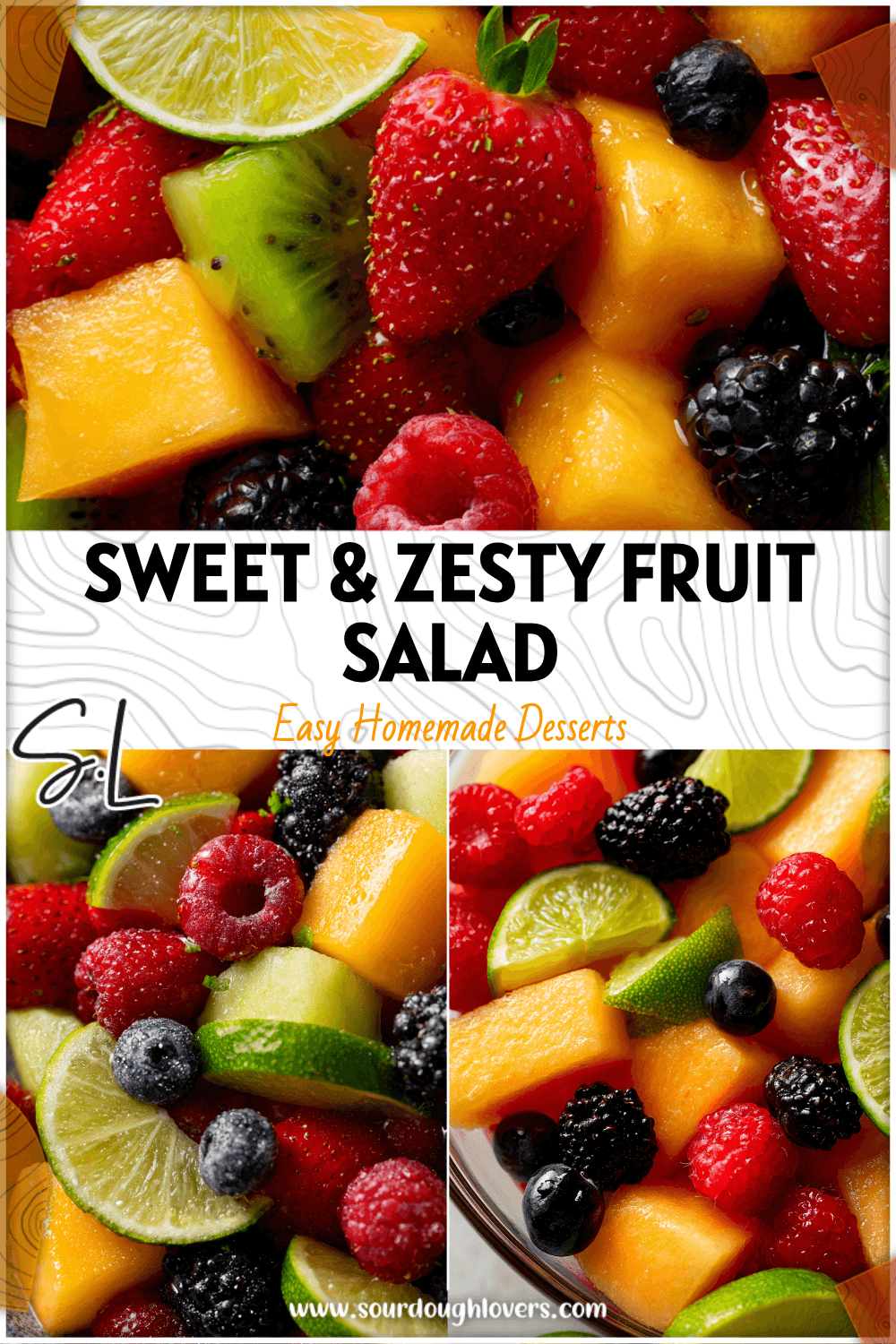 Colorful bowl of Honey Lime Fruit Salad With Berries, melon, and citrus slices in a glass dish. 2026