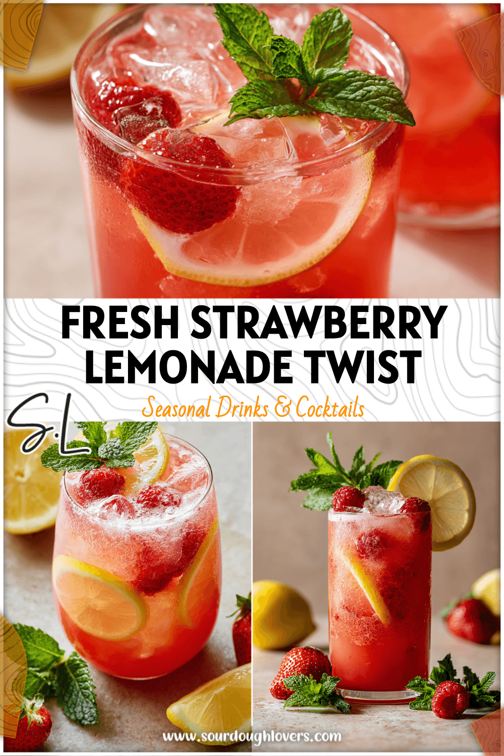 Glass of strawberry lemonade mocktail with raspberries, lemon slices, and ice next to fresh mint sprigs. 26