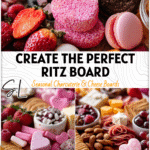 A Ritz Charcuterie Board featuring crackers, cheeses, fruits, and pink treats for a Galentines Valentine’s party. 26