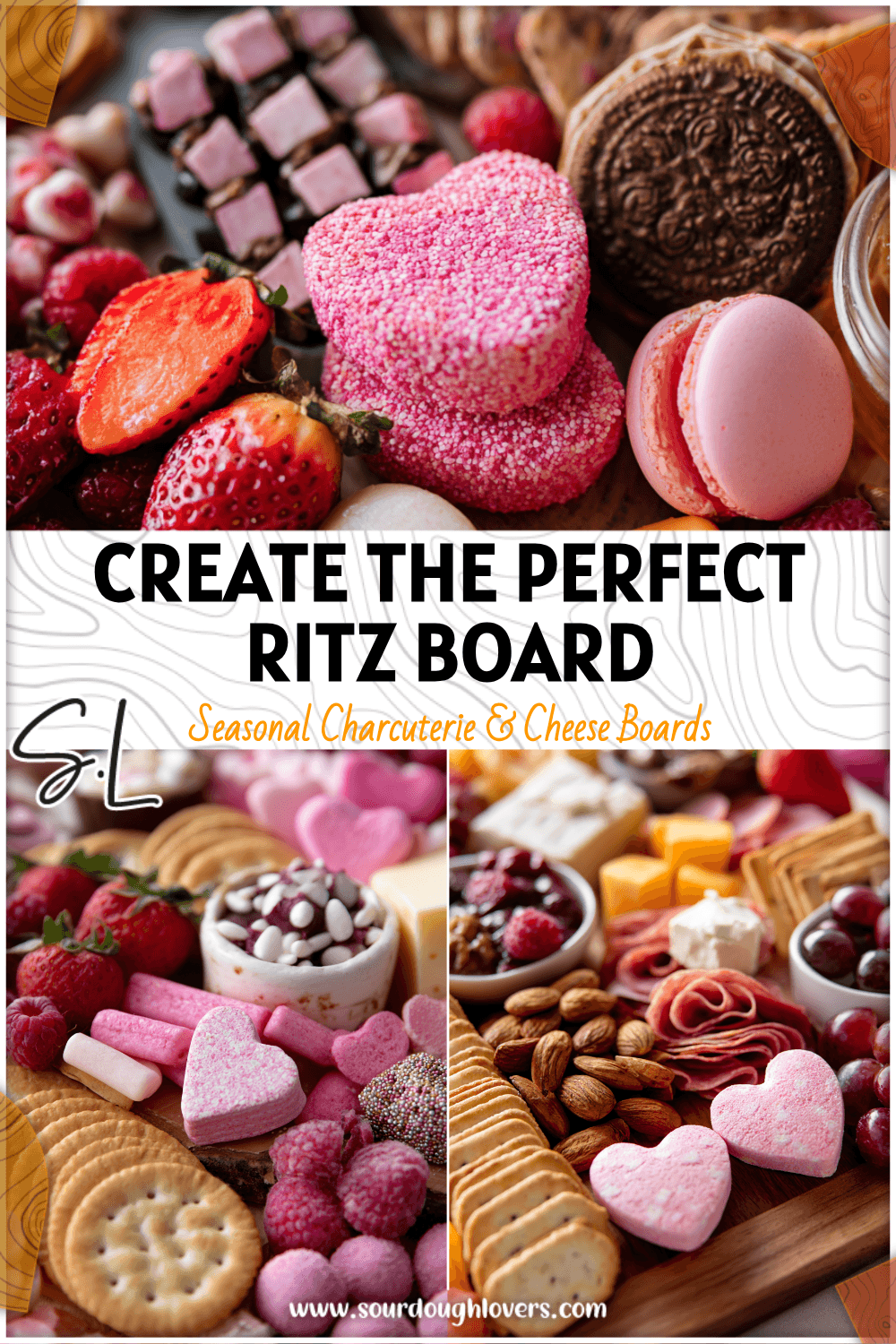 A Ritz Charcuterie Board featuring crackers, cheeses, fruits, and pink treats for a Galentines Valentine’s party. 26