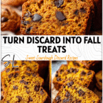 Rustic slice of same-day sourdough discard pumpkin bread with chocolate chips beside freshly baked cookies. 2026