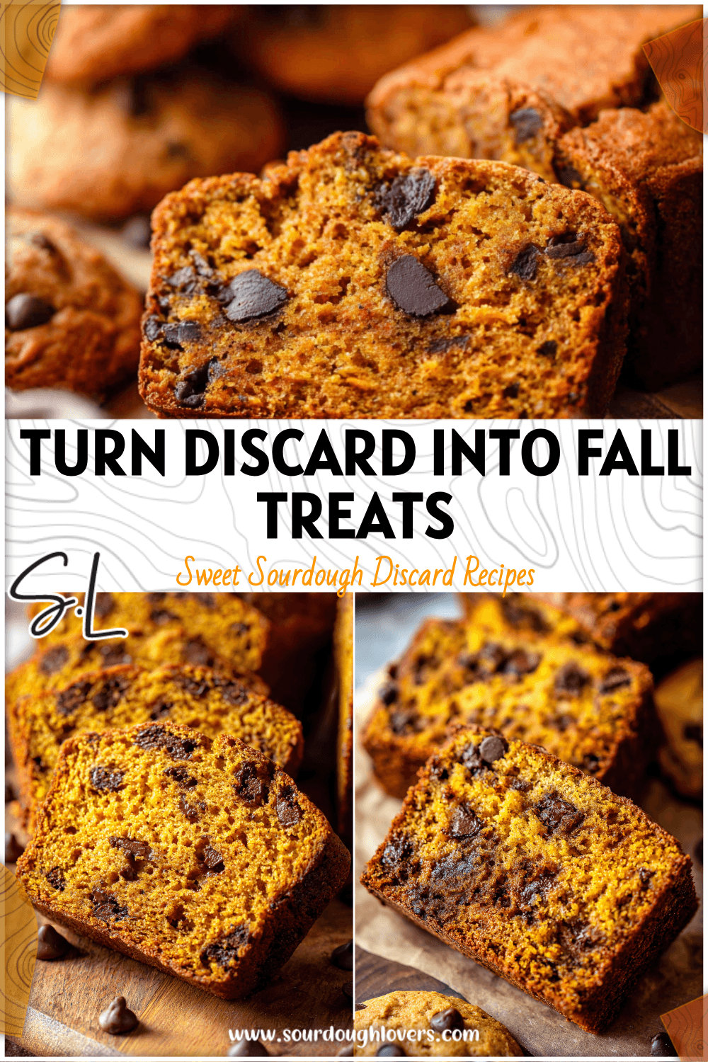 Rustic slice of same-day sourdough discard pumpkin bread with chocolate chips beside freshly baked cookies. 2026