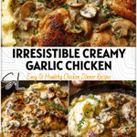 Skillet filled with saucy creamy garlic chicken and mushrooms served beside mashed potatoes 26
