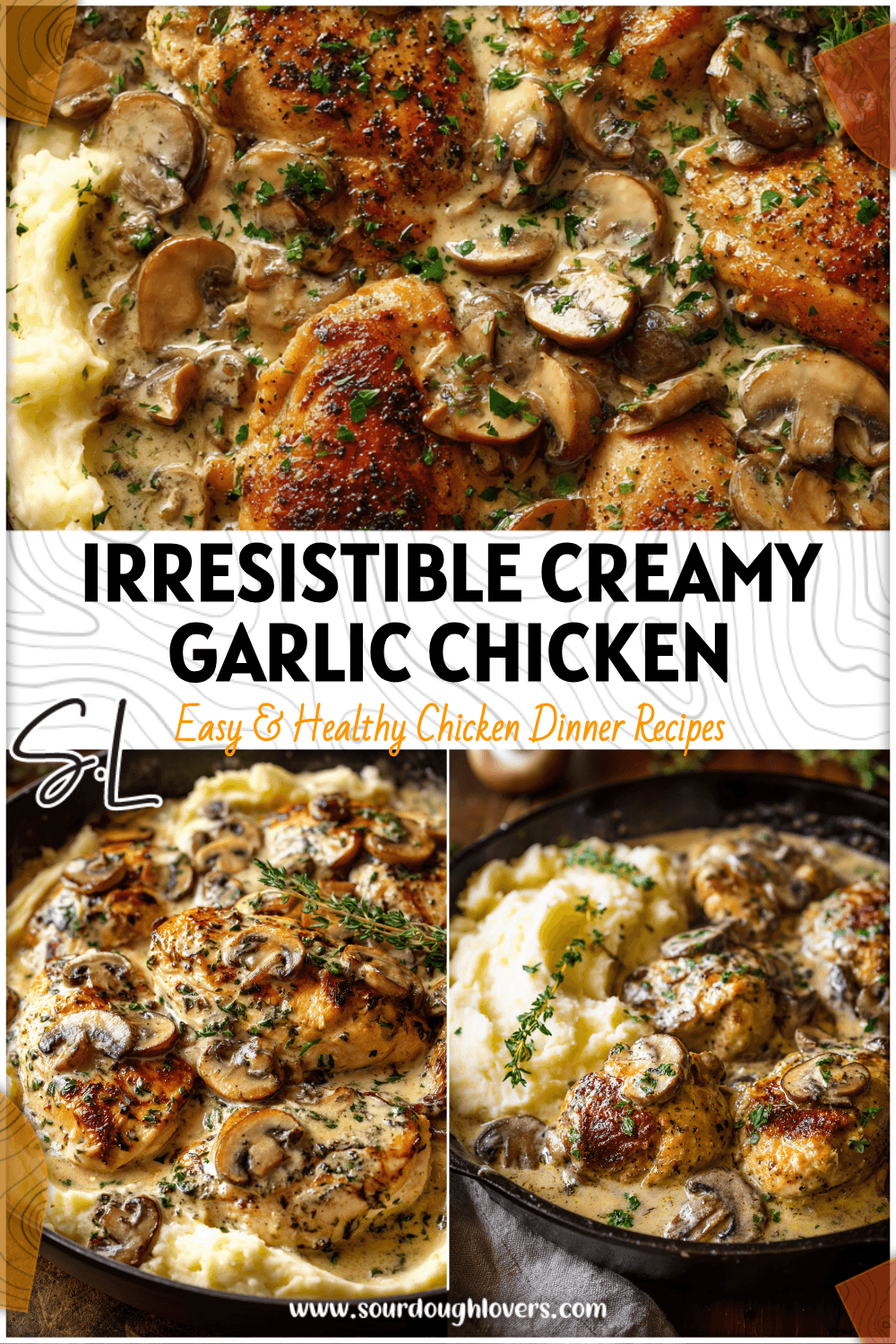 Skillet filled with saucy creamy garlic chicken and mushrooms served beside mashed potatoes 26