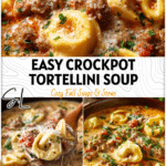 Close-up of sausage tortellini soup simmering in a creamy crockpot sauce with herbs and cheese. 26