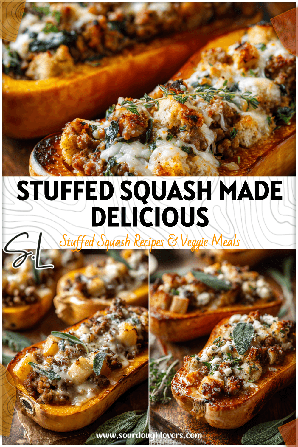 Stuffed butternut squash halves filled with sausage, sage, apples, and sourdough bread baked to golden perfection. 26