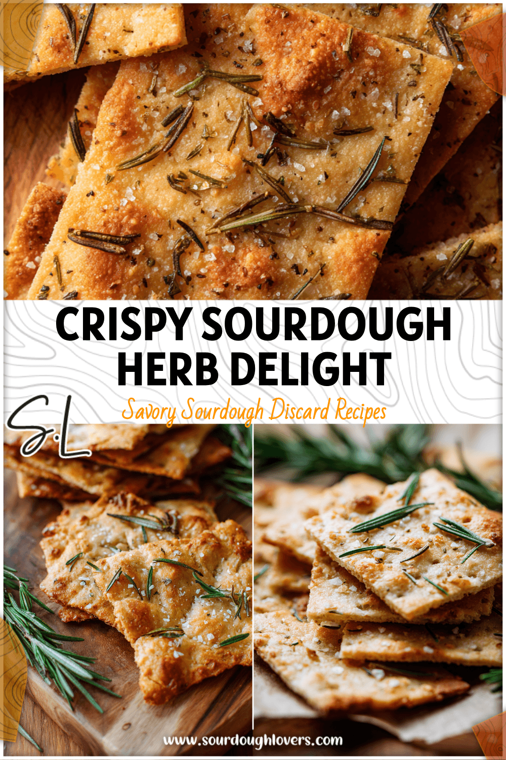 Golden flatbread crackers sprinkled with rosemary and sea salt made from sourdough discard. 26