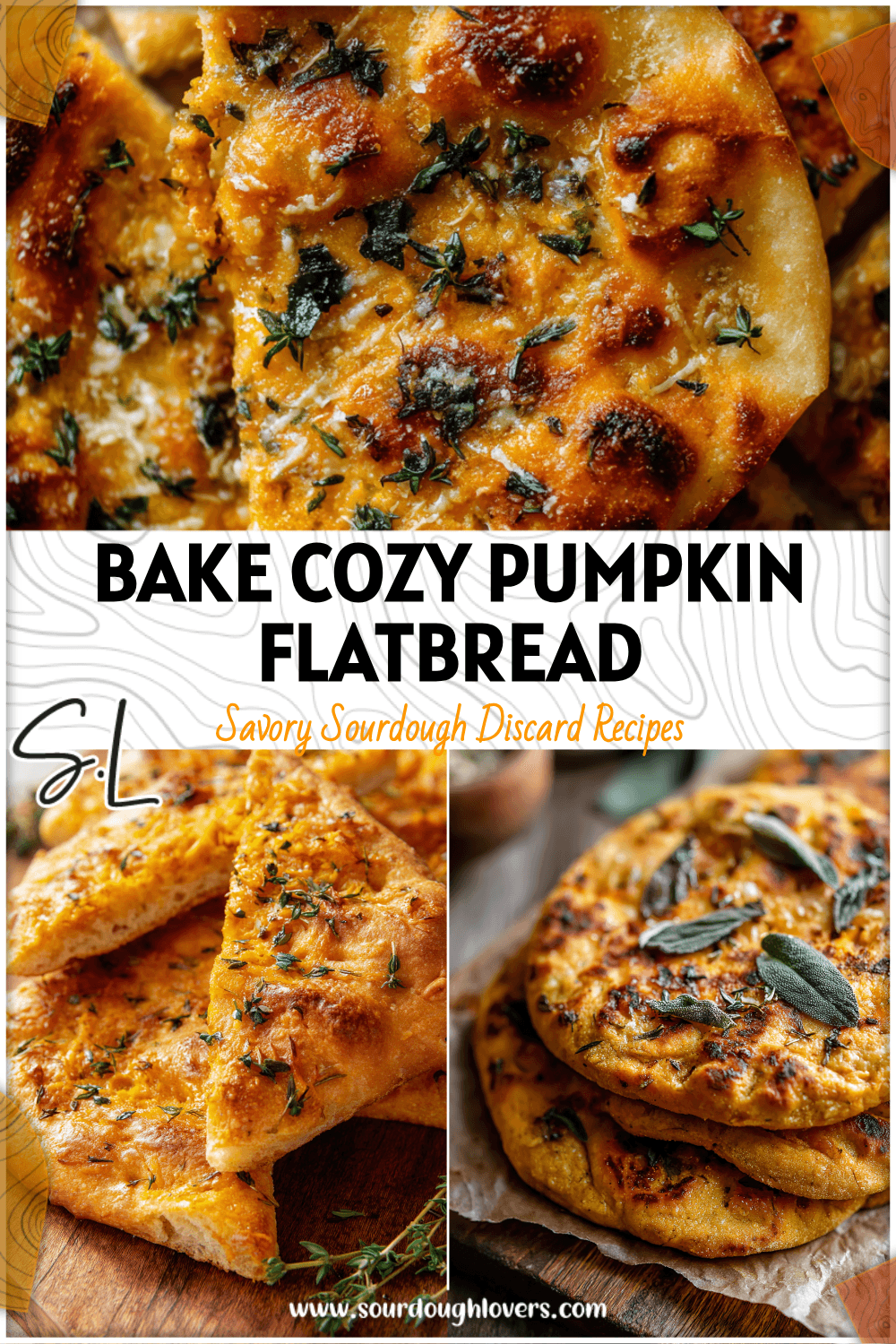 Golden-brown sourdough pumpkin flatbread topped with herbs, perfect for savory fall baked goods.