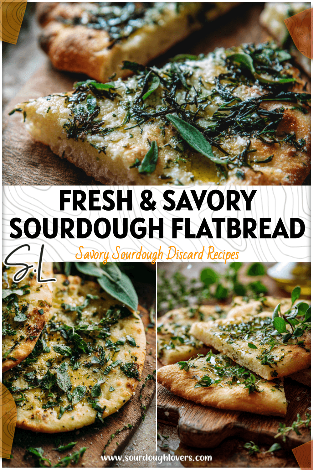 Golden sourdough spring herb flatbread topped with fresh herbs and olive oil on a rustic board