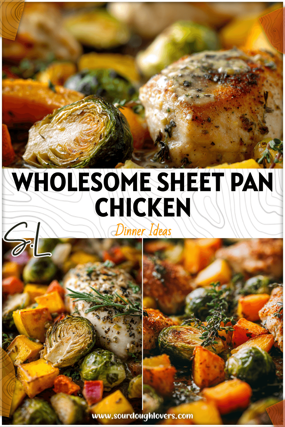 Sheet pan with gluten free chicken, roasted Brussels sprouts, and colorful squash pieces. 26