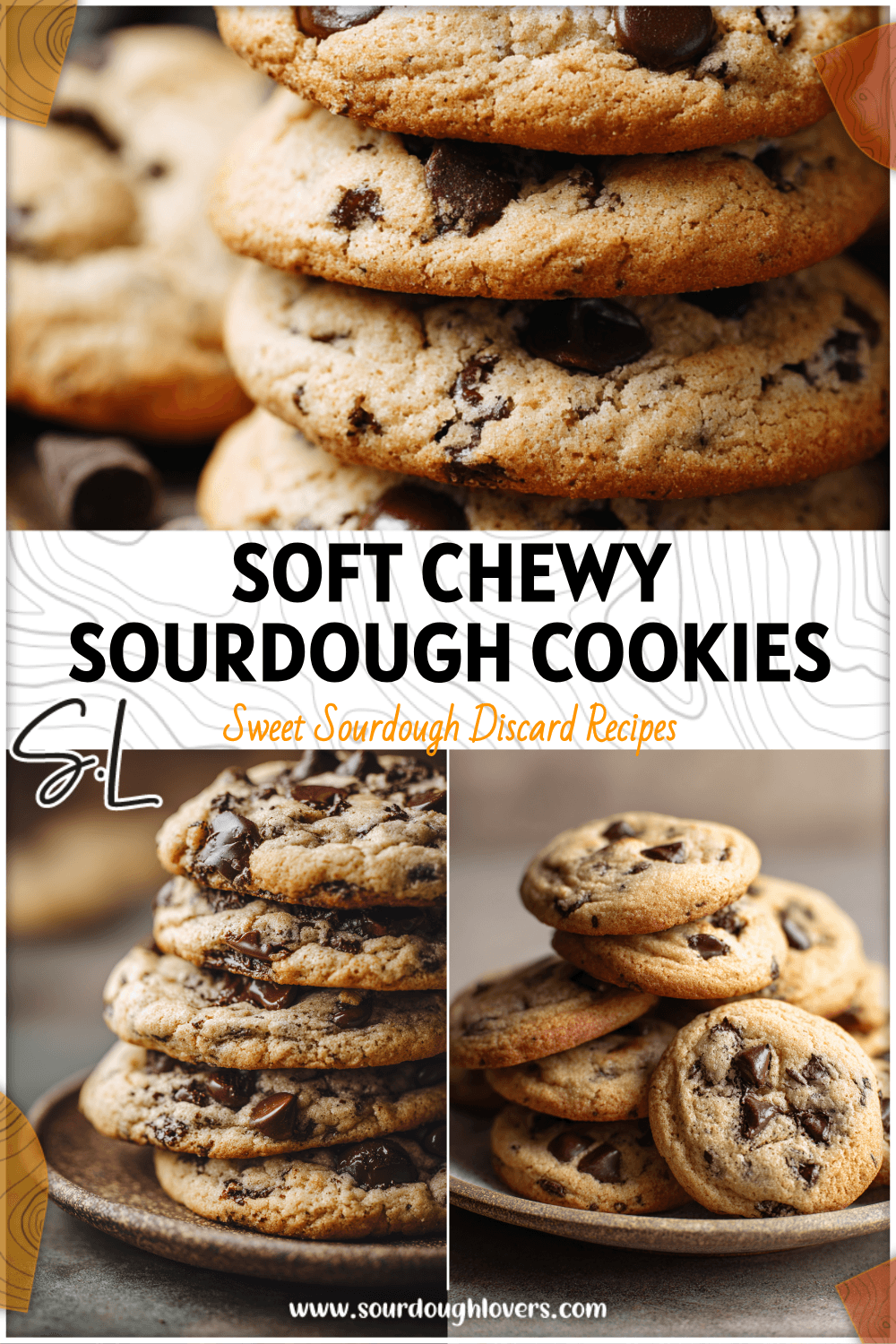 Stack of soft sourdough chocolate chip cookies made from sourdough discard on a rustic plate. 26