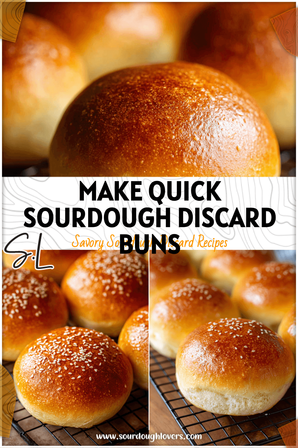 Freshly baked golden sourdough burger buns made from discard arranged on a cooling rack.