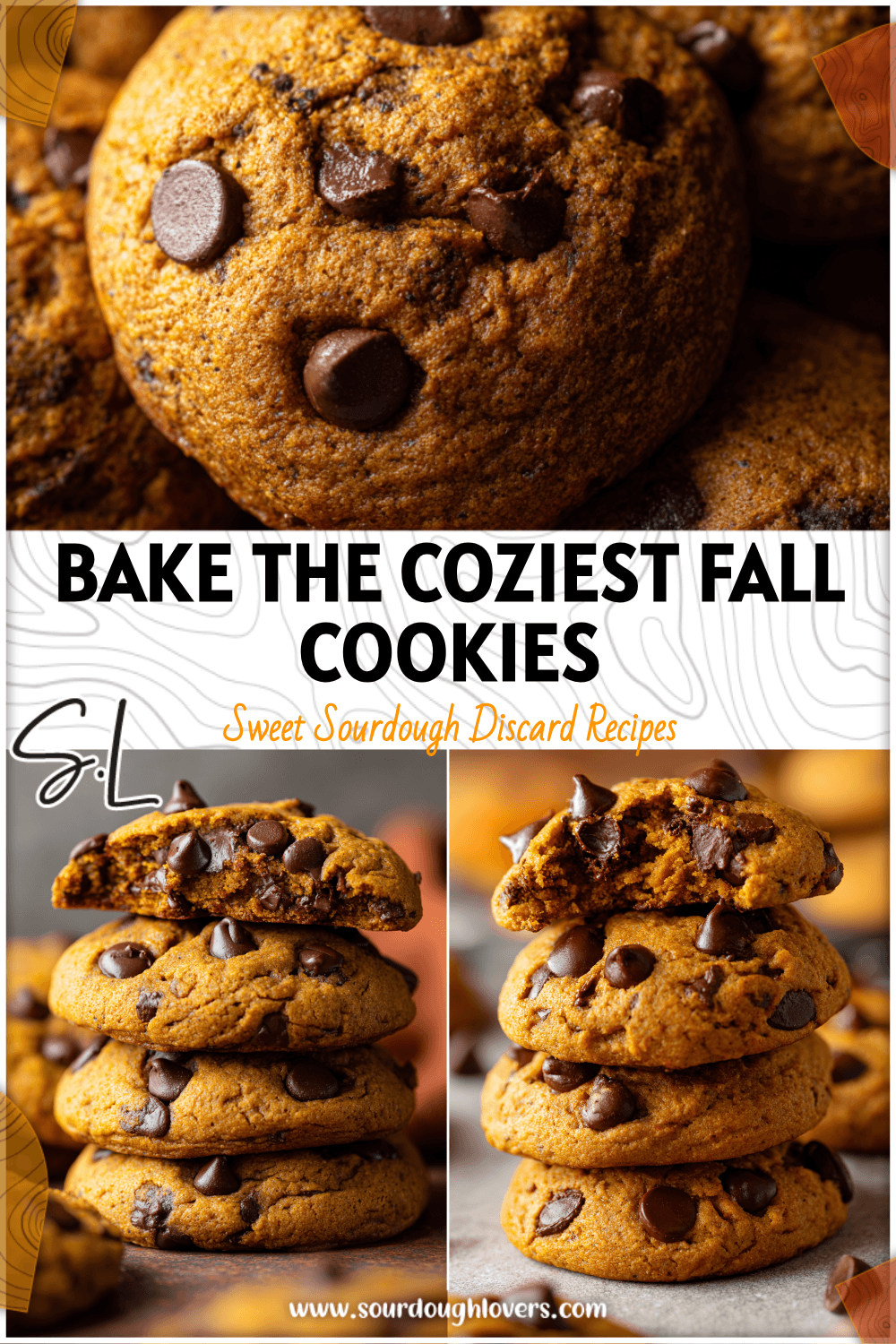 Stack of soft sourdough pumpkin chocolate chip cookies with melted chocolate chips and autumn spices. 2026