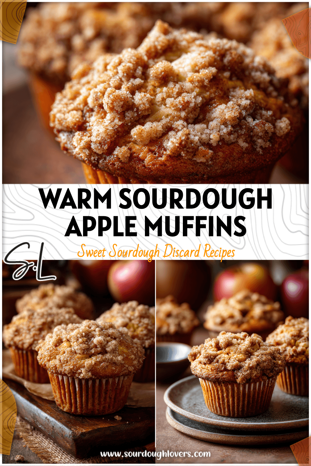 Golden sourdough apple cinnamon muffins topped with crumbly streusel on a rustic fall table.