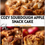 A golden sourdough apple cinnamon snack cake topped with crumbly apples, inspired by Sourdough Fall Recipes. 2026