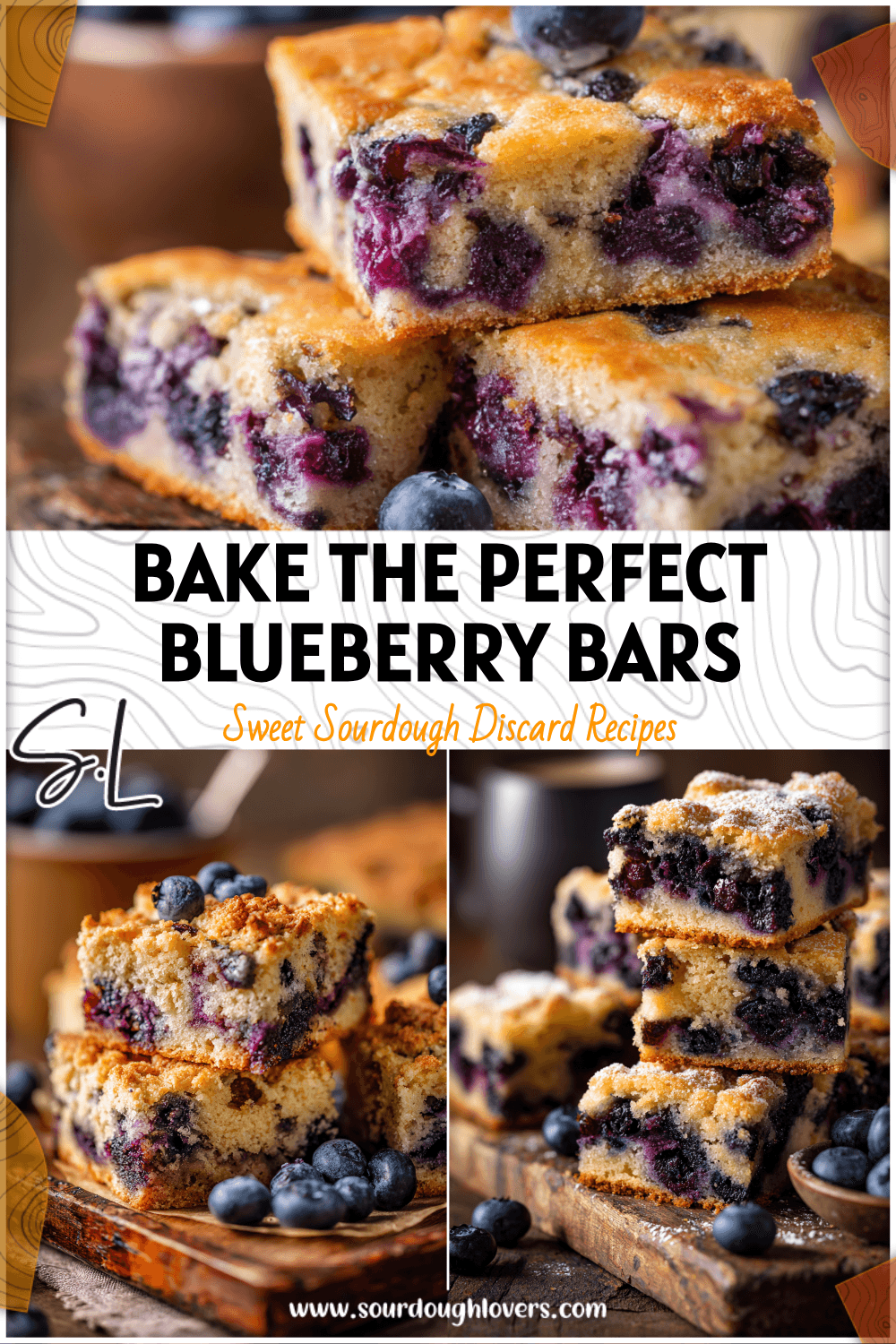 Golden Sourdough Blueberry Breakfast Bars made with sourdough starter and fresh blueberries on a rustic board 2026