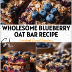 Chewy sourdough blueberry oat breakfast bars topped with fresh blueberries and oats on a rustic wooden board. 2026