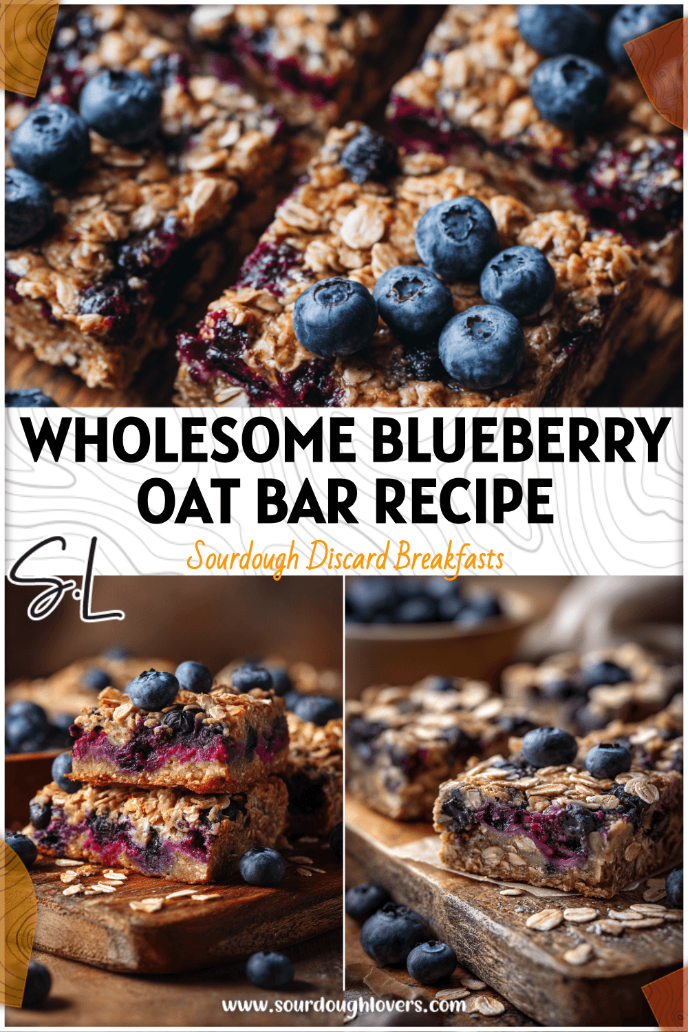 Chewy sourdough blueberry oat breakfast bars topped with fresh blueberries and oats on a rustic wooden board. 2026