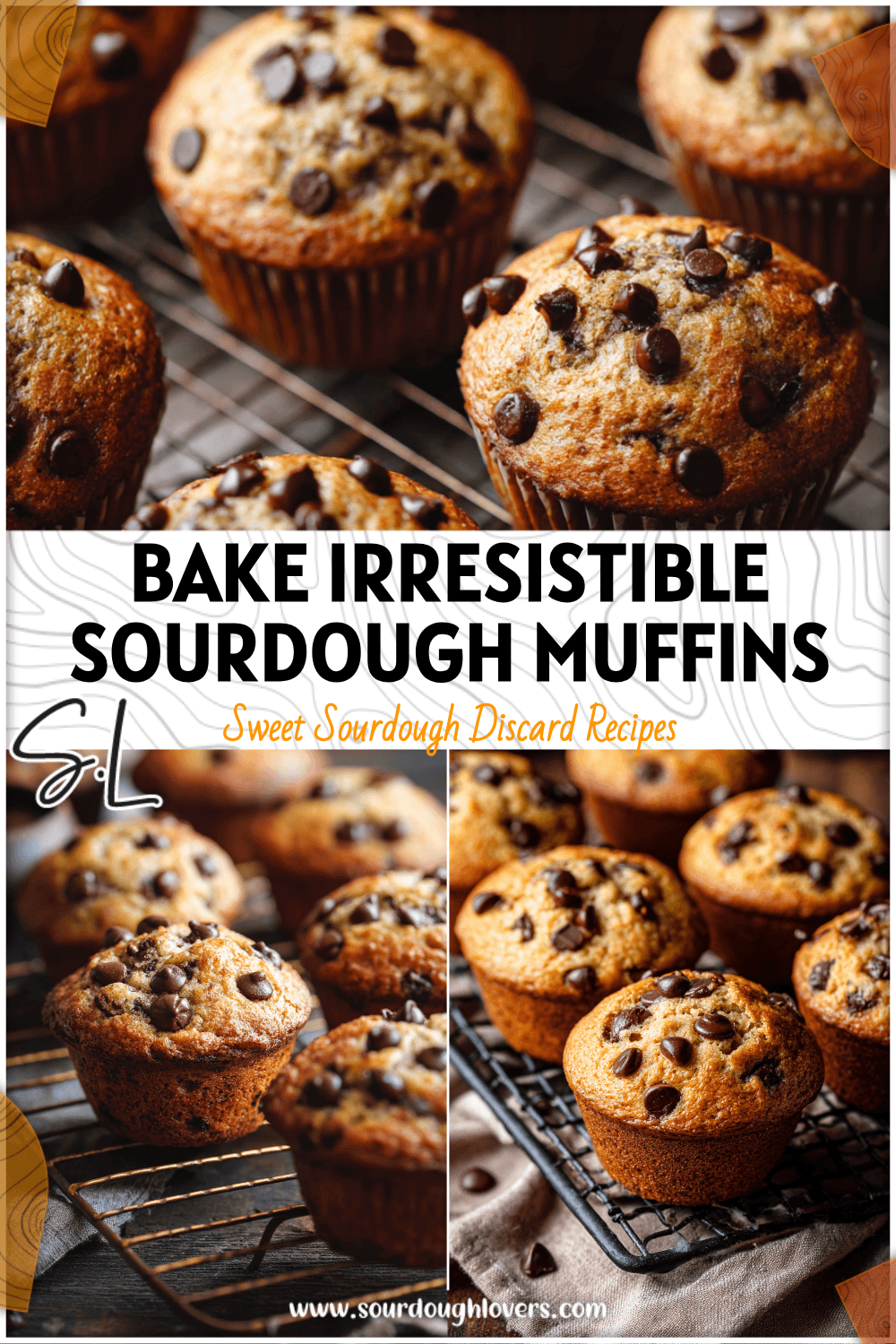 Freshly baked sourdough chocolate chip banana muffins on a cooling rack made from sour dough discard. 2026