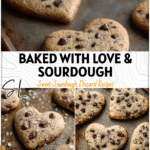 Sourdough Chocolate Chip Heart Cookies with Discard Starter Flavor 5 Heart-shaped sourdough chocolate chip cookies on a rustic baking tray made with sourdough discard.