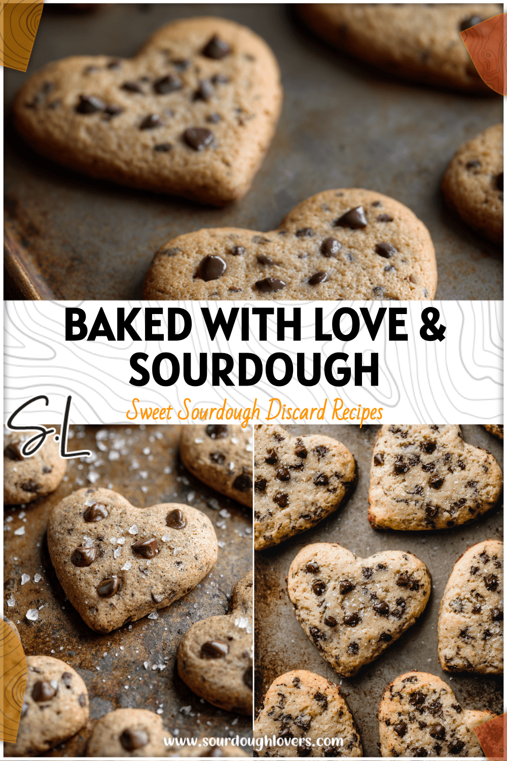 Heart-shaped sourdough chocolate chip cookies on a rustic baking tray made with sourdough discard.