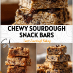 Sourdough Chocolate Chip Snack Bars | Chewy Oatmeal Goodness 5 Stack of chewy Sourdough Oatmeal Bars studded with chocolate chips on a wooden board.