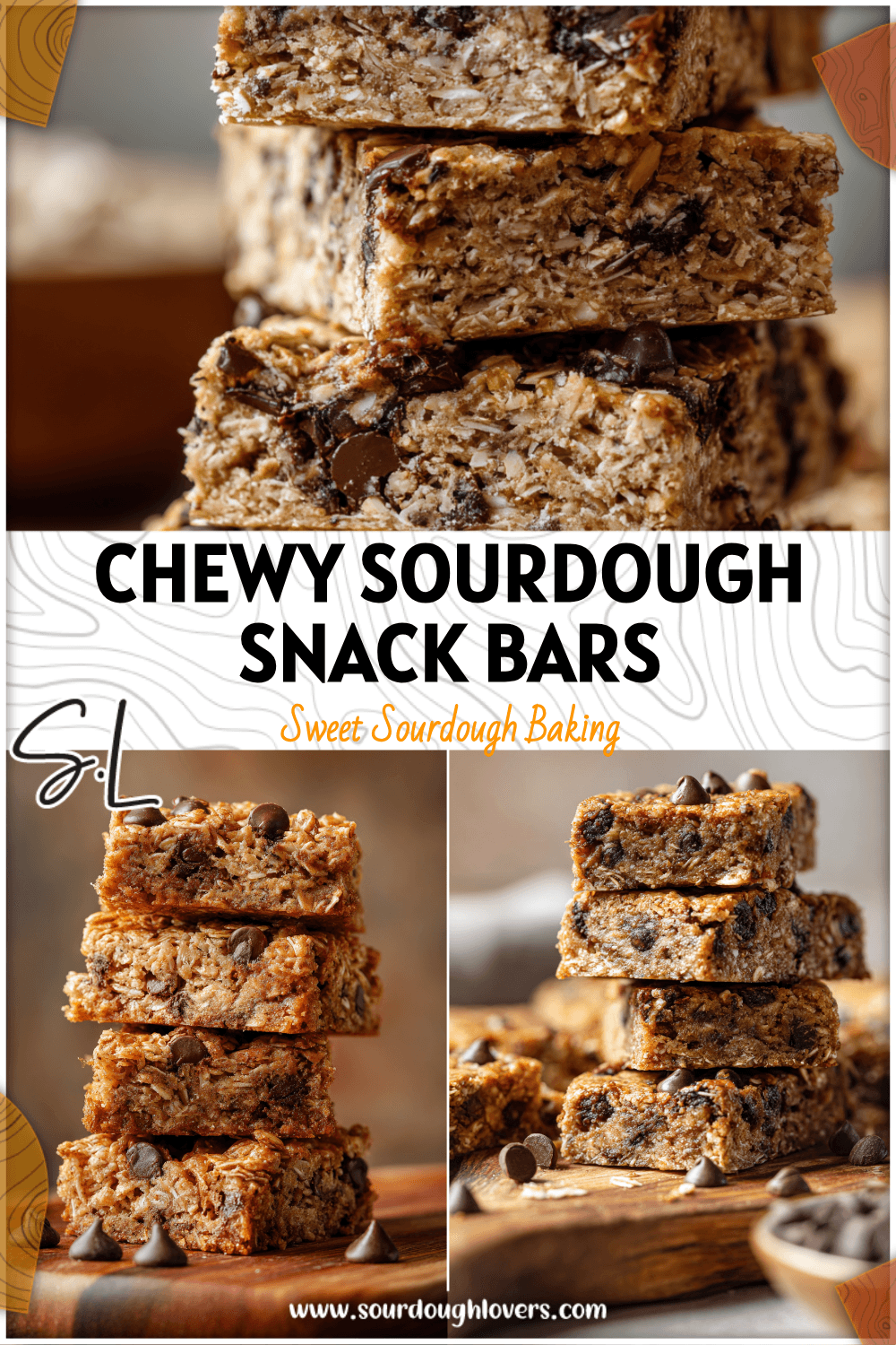 Stack of chewy Sourdough Oatmeal Bars studded with chocolate chips on a wooden board.