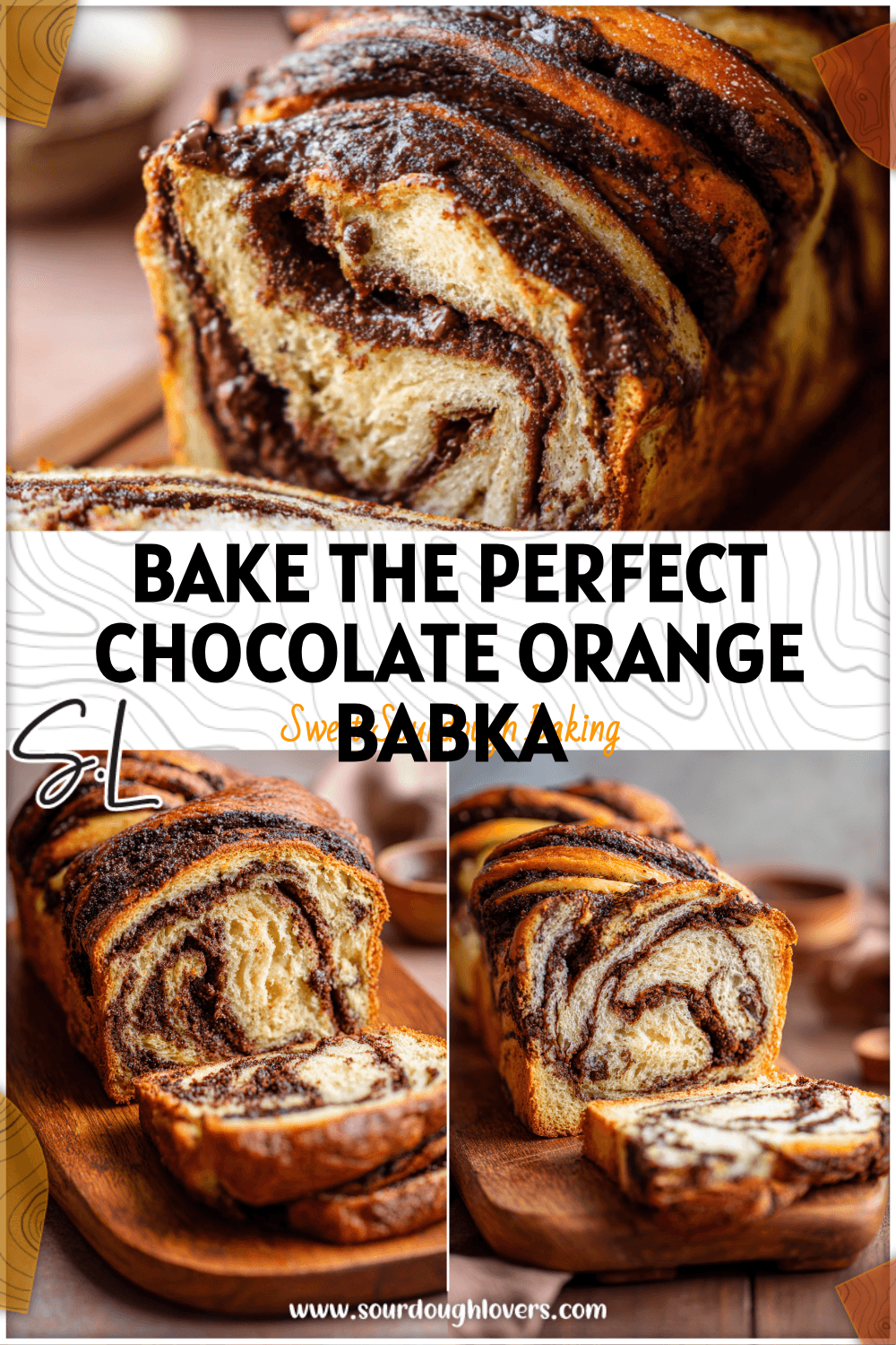 Rustic Chocolate Orange Babka loaf sliced on a wooden board showing the swirled babka dough layers. 26