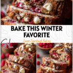 Rustic loaf of Raspberry White Chocolate Sourdough Bread sliced on a wooden board with melted chocolate and berries.
