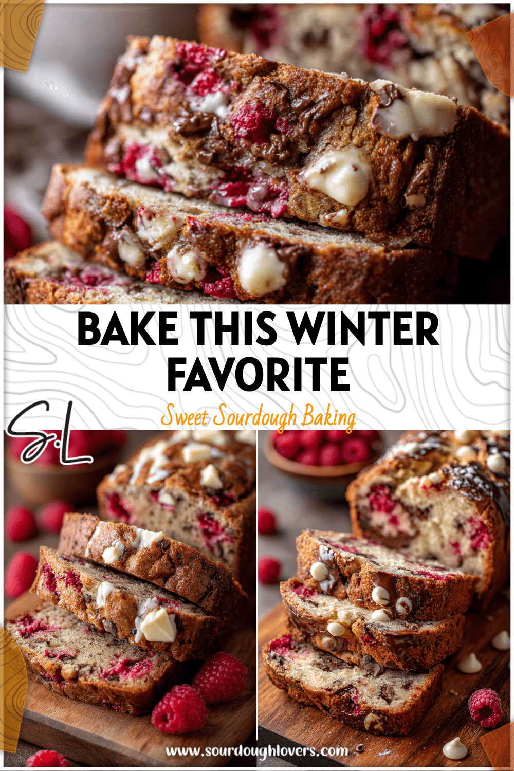 Rustic loaf of Raspberry White Chocolate Sourdough Bread sliced on a wooden board with melted chocolate and berries.