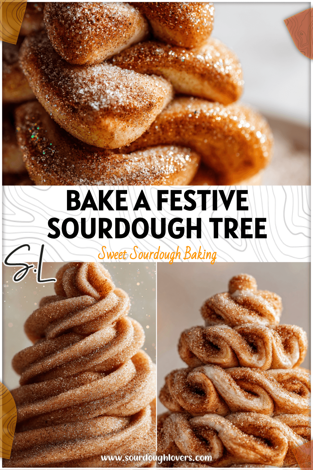 Golden sourdough cinnamon rolls shaped like a Christmas tree dusted with sugar and holiday sparkle.