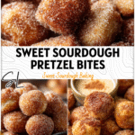 Golden Sourdough Pretzel Bites coated with cinnamon sugar arranged on a baking tray alongside dipping sauce. 2026