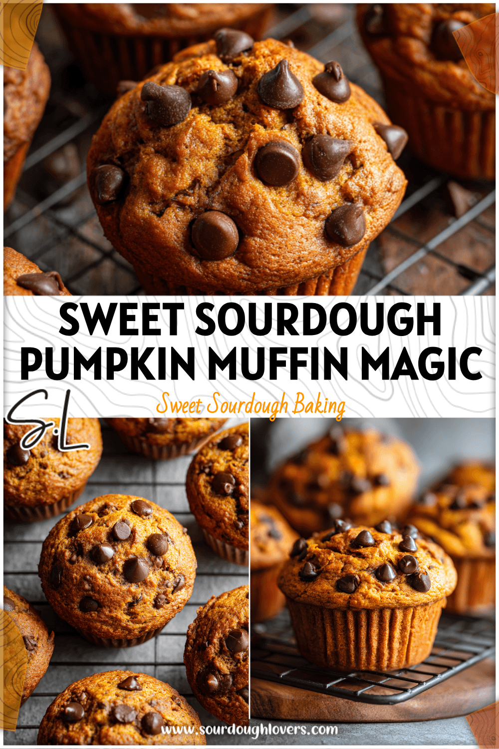 Freshly baked Sourdough Discard Chocolate Chip Pumpkin Muffins cooling on a wire rack with melty chips. 2026