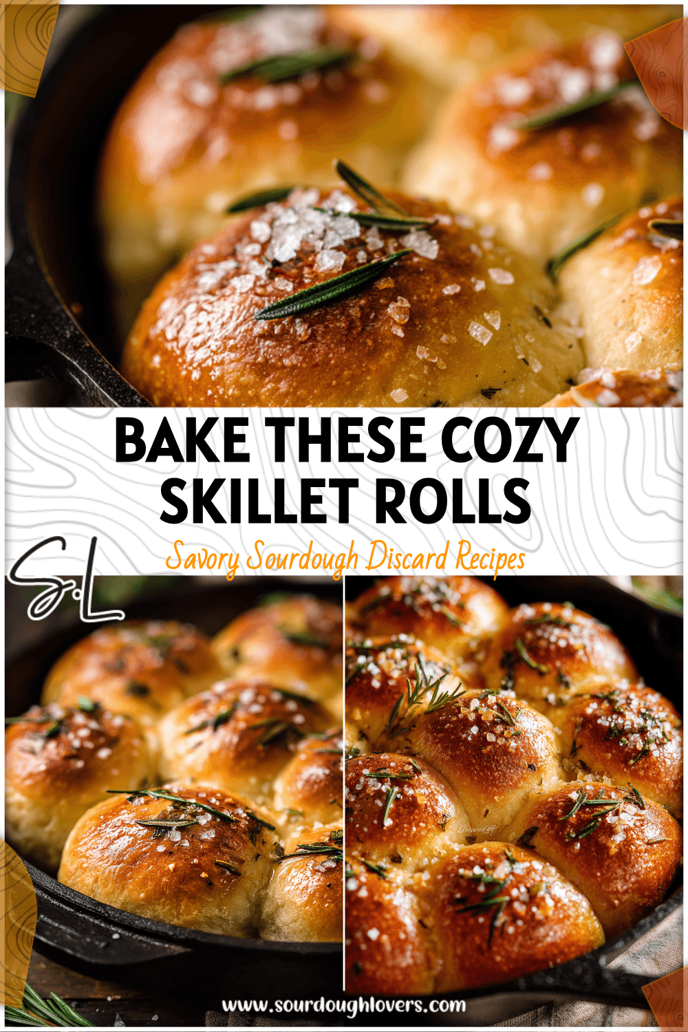 Golden sourdough garlic herb skillet rolls garnished with sea salt and rosemary in a cast iron pan 2026