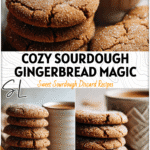 Stack of golden-brown sourdough gingerbread cookies dusted with sugar beside a mug of tea. 26