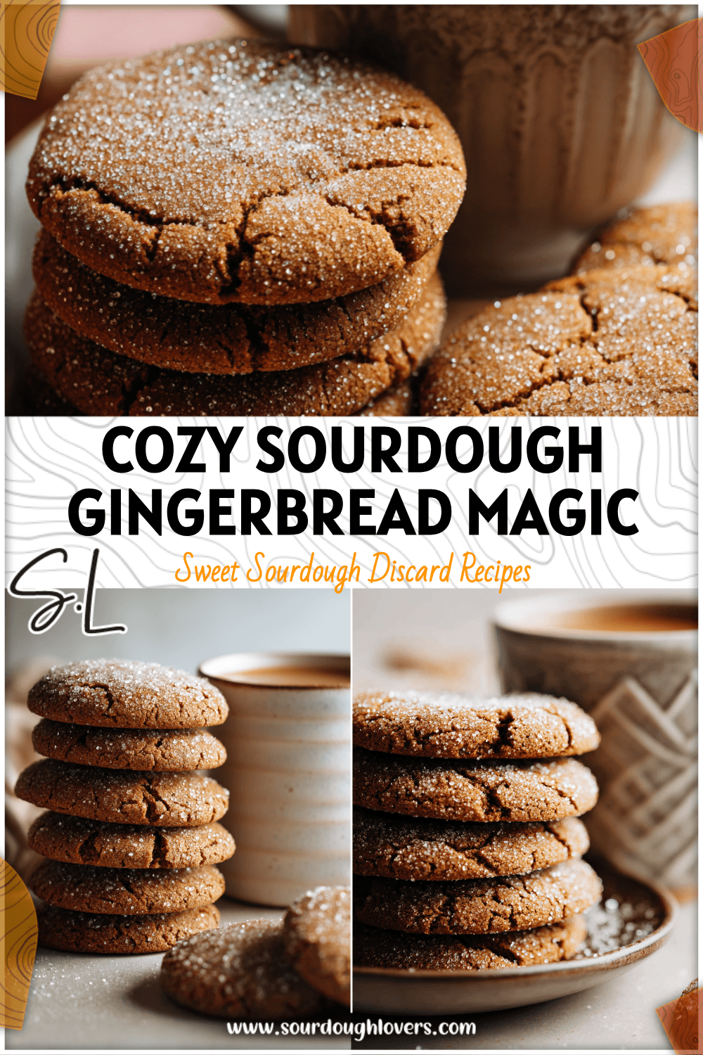 Stack of golden-brown sourdough gingerbread cookies dusted with sugar beside a mug of tea. 26