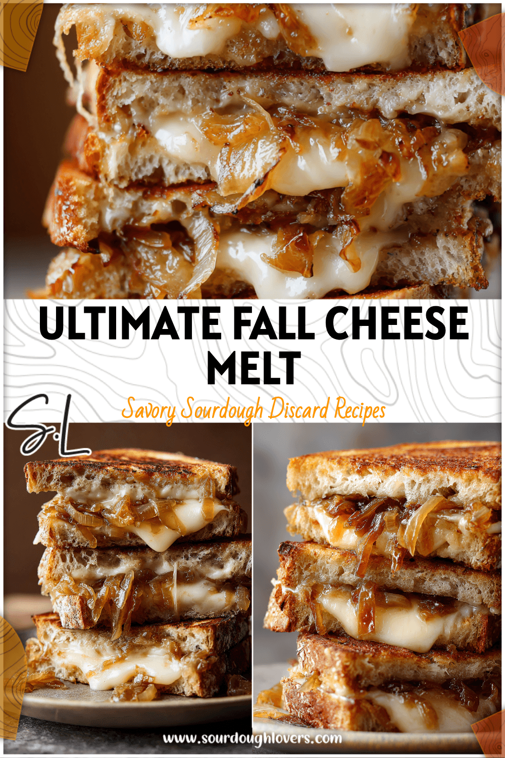 Golden Sourdough Grilled Cheese with melted Gruyere and caramelized onions stacked on a plate.