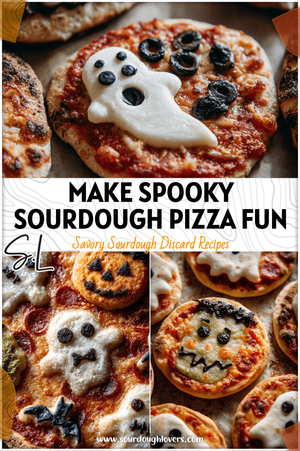 A spooky sourdough Halloween flatbread pizza topped with themed Ghost Bread shapes and Frankenstein faces. 26